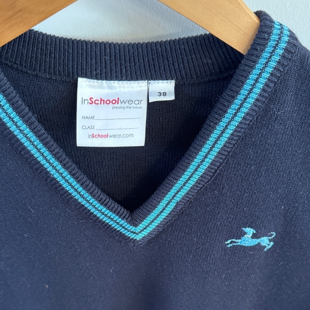 Men's Navy Sweater Vest with Teal Trim - Picture 2 of 5